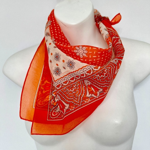 Vtg Scarf Orange & White Floral 21" Square Border Ponytail Neck Tie - Picture 2 of 5